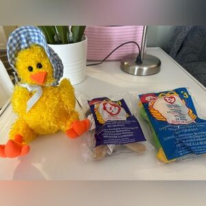 3 TY Collectibles - Yellow Duck with Blue Hat, Bones & Smoochy The Frog